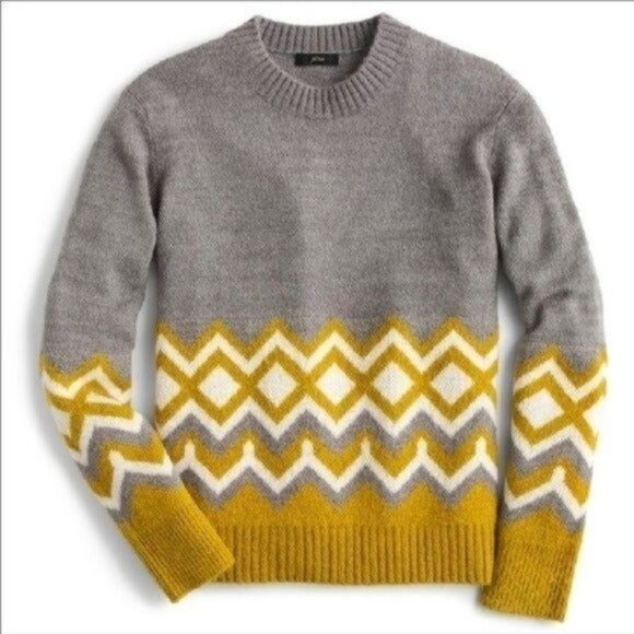 J. Crew Geometric Fair Isle Crewneck Sweater Gold Gray Cream Wool Medium - Picture 1 of 8